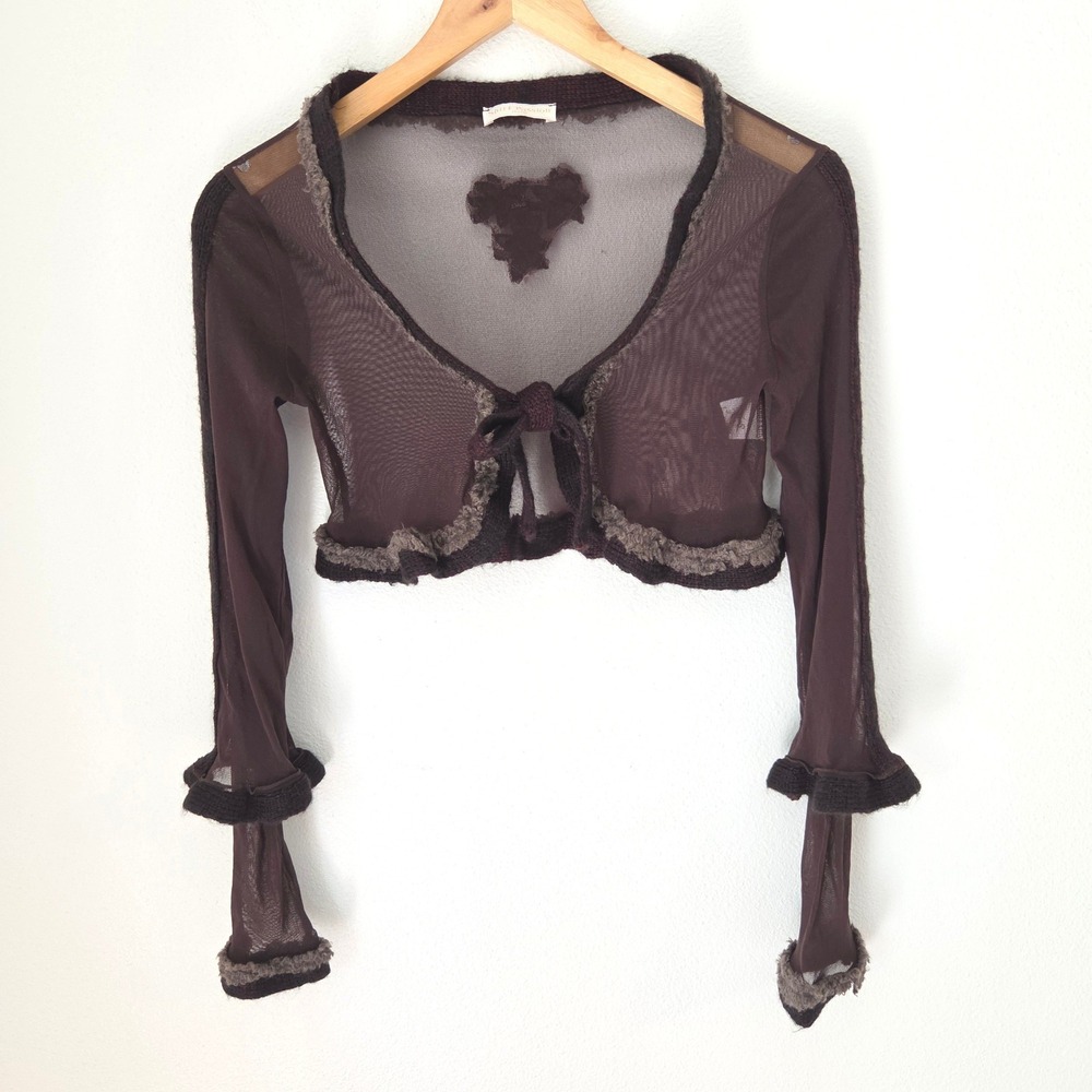 Shirt Passion Italia Brown Sheer Mesh Bolero Shrug Tie Front Sequin Heart S